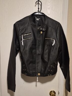 VENUS Black Faux Leather Moto Jacket with Gold Accents